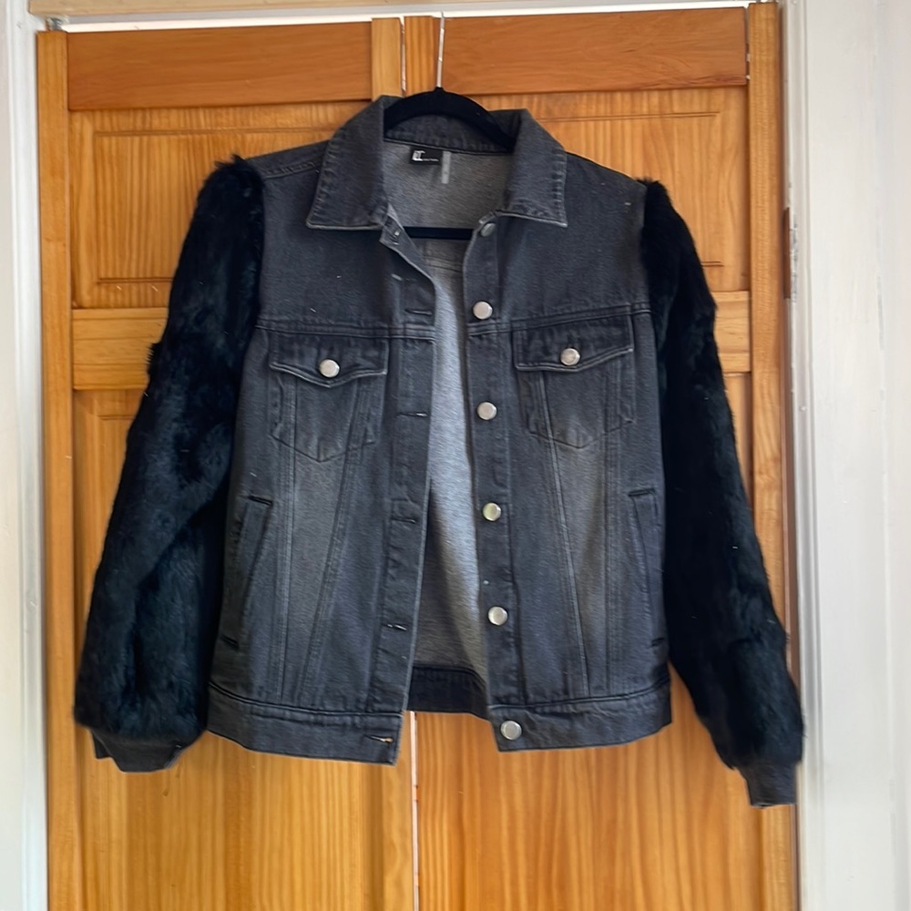 Love Token Black Denim Jacket with Faux Fur Sleeves